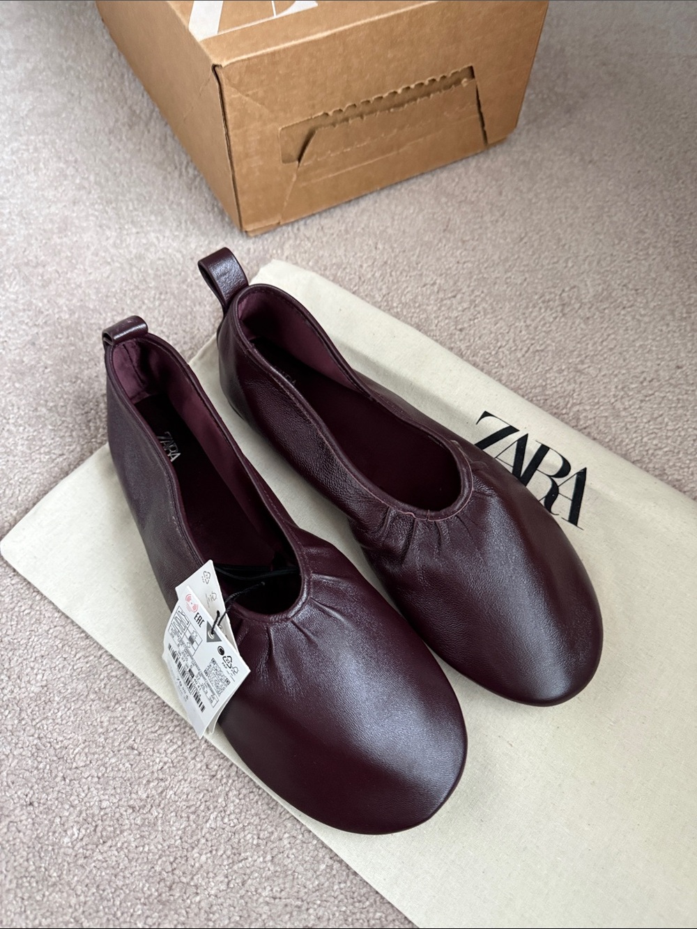 Zara Women's Dark Burgundy Leather Slip-On Ballet Flats